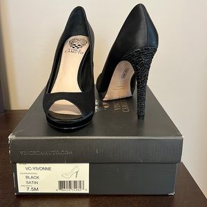 Black satin peep toe heels